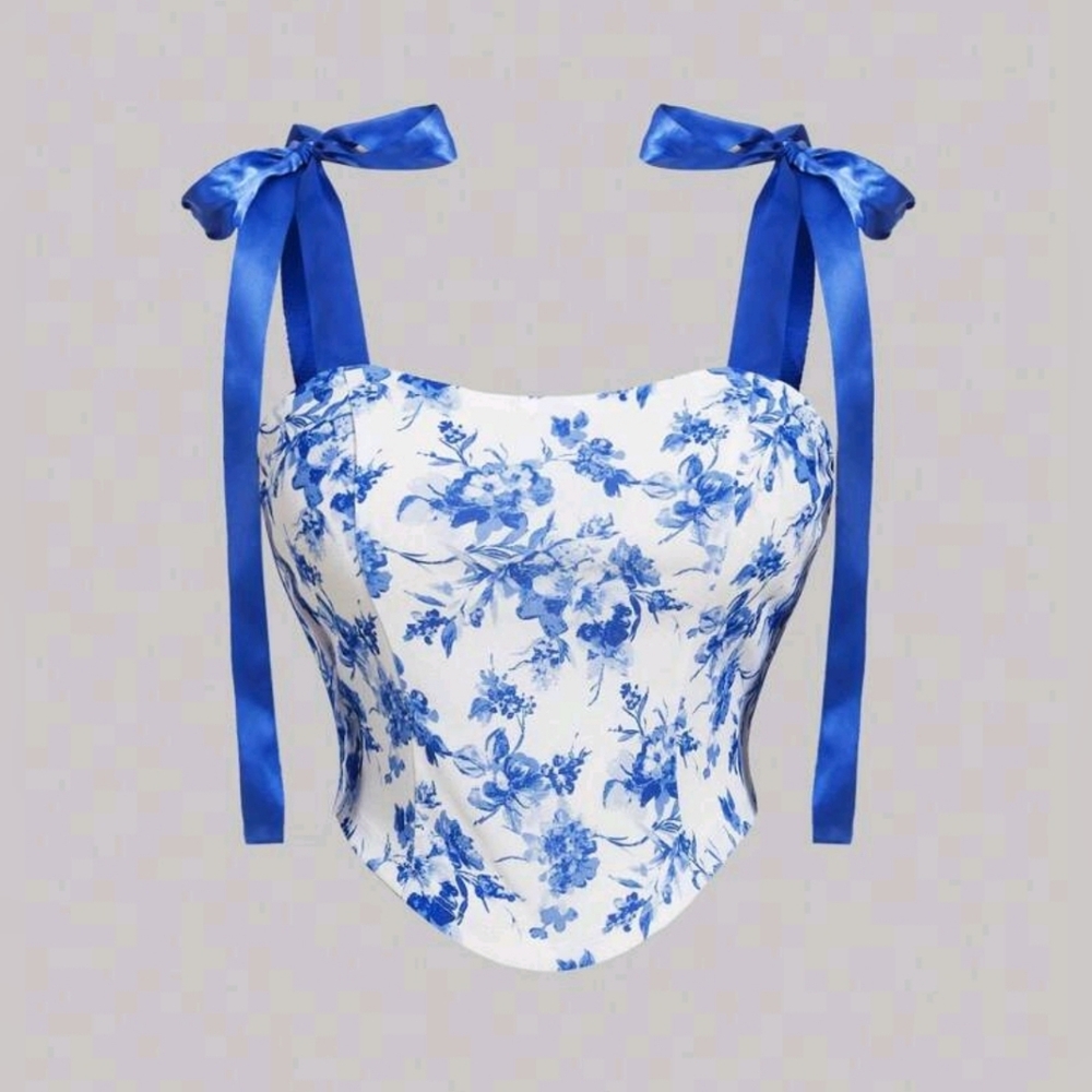 Shein Floral Blue and White Corset Top
